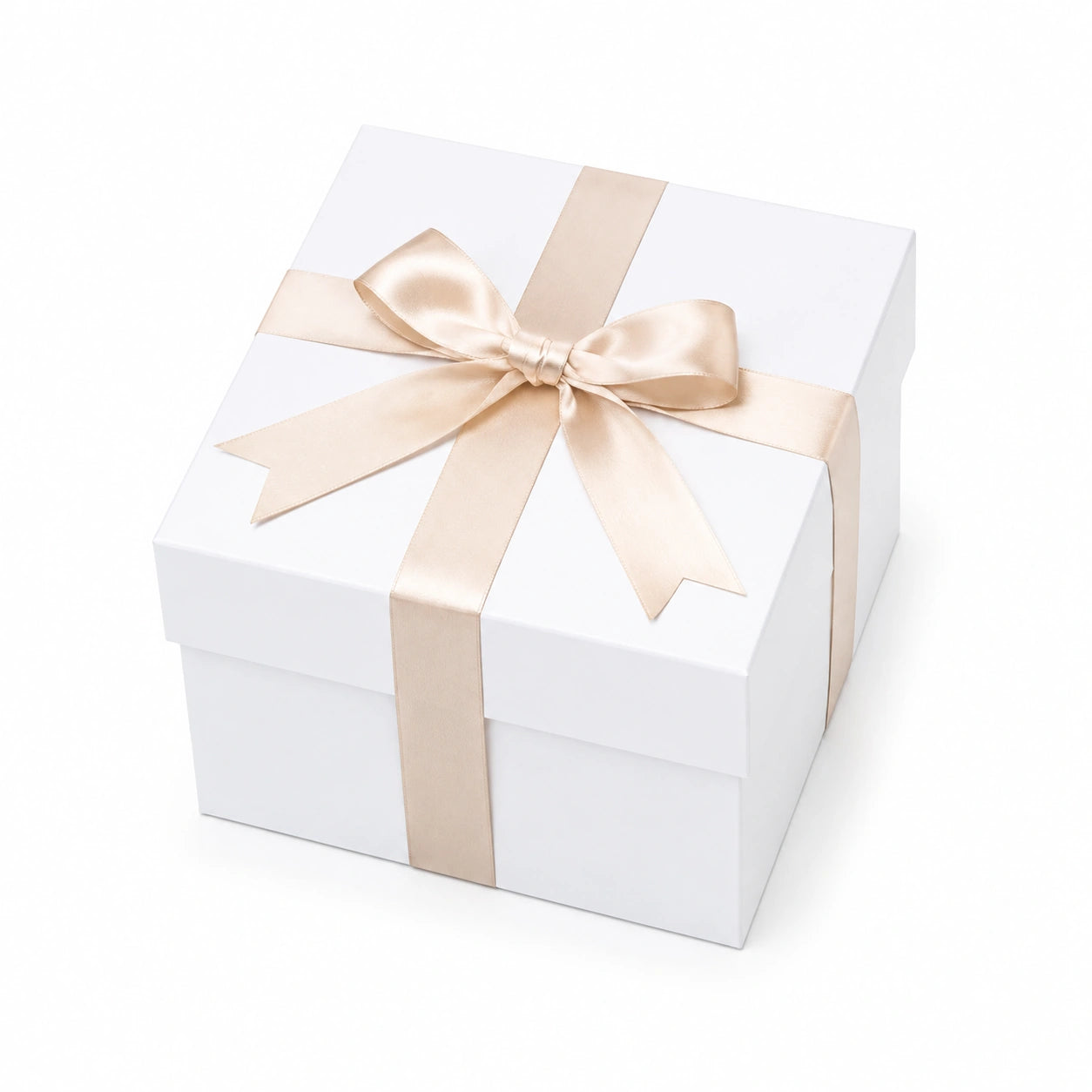 Geschenkbox 20 x 20 x 10 cm aus Karton Weiß Champagner mit Satinschleife quadratisch