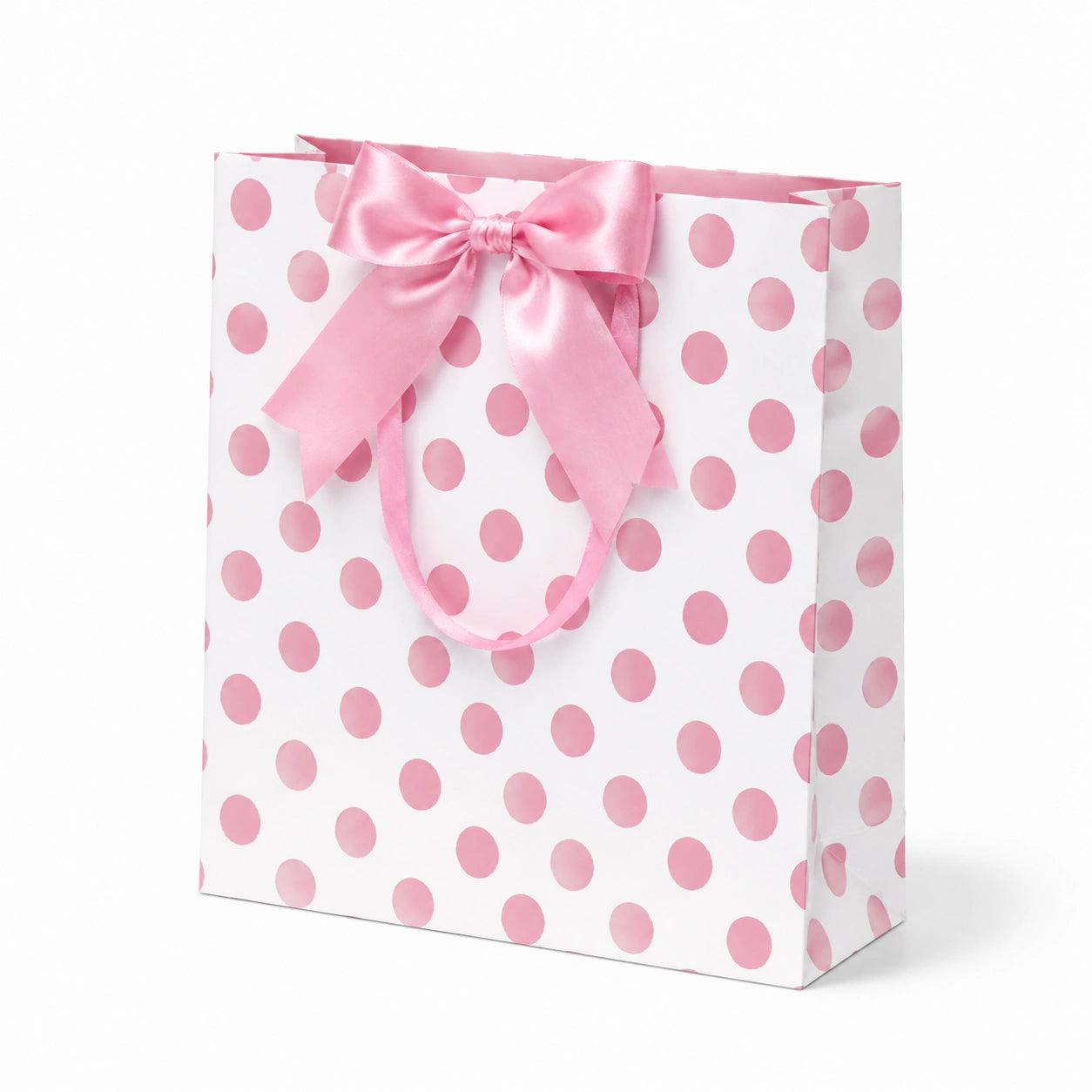 Geschenktüte 26 x 10 x 33 cm aus Papier Weiß Rosa mit Punkte Muster und Schleife