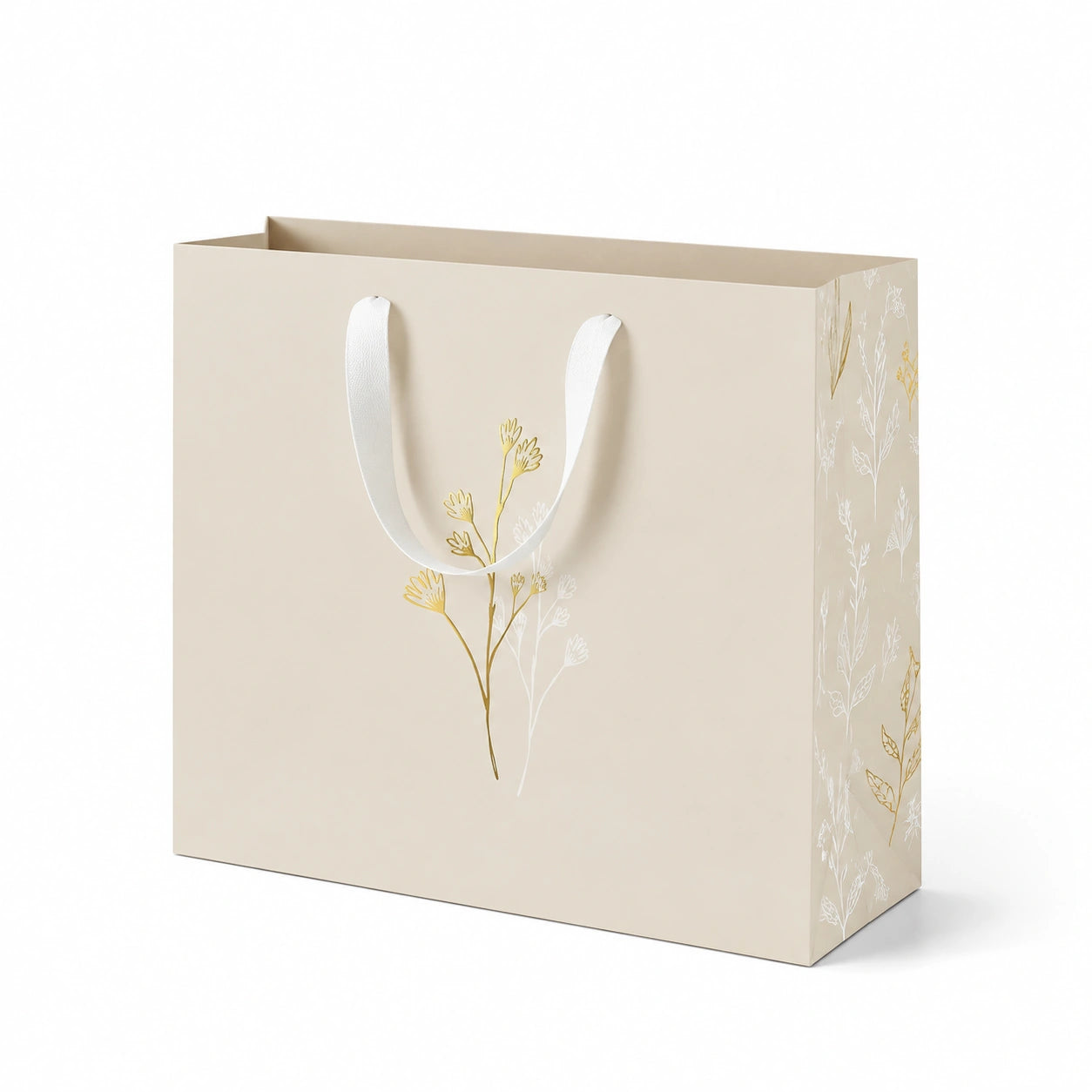 Geschenktüte 32 x 12 x 26 cm Papier Beige mit Kordelgriffen Blumenmotiv