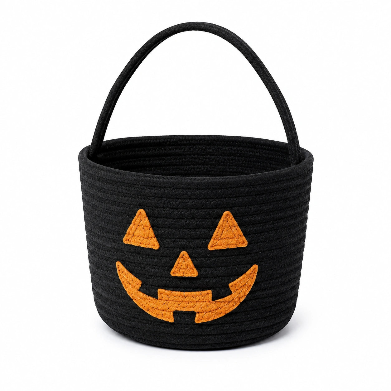 Aufbewahrungskorb Durchmesser 25 cm aus schwarzem Textilseil mit Kürbis Motiv im Halloween Stil