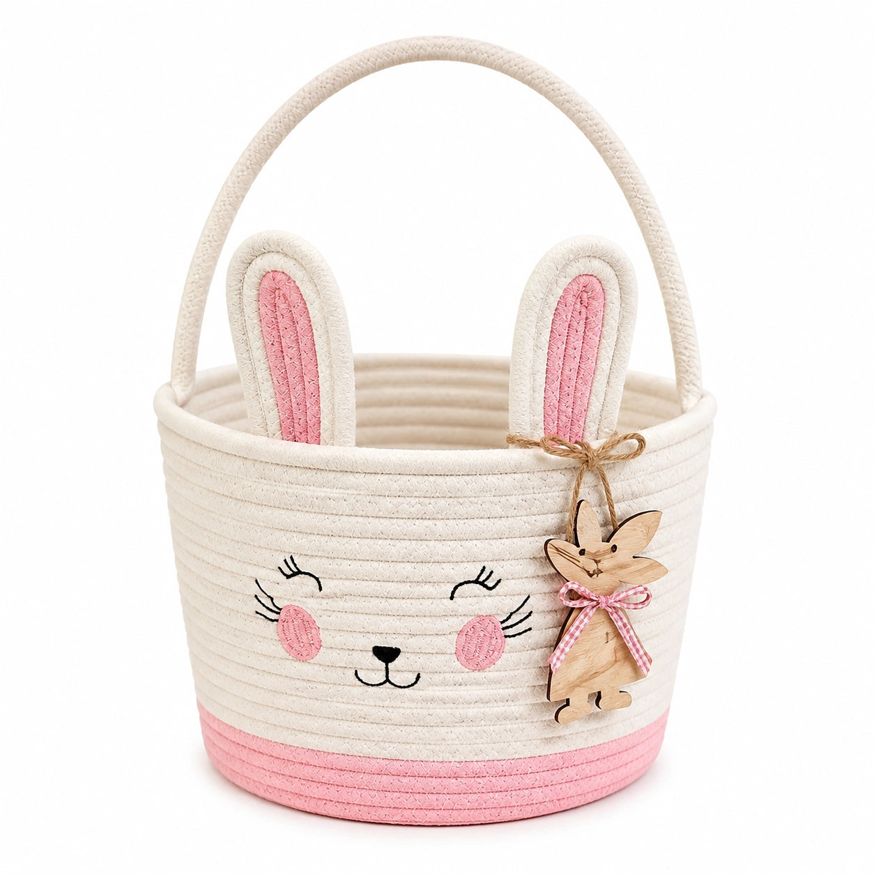 Aufbewahrungskorb 25 cm Baumwollseil Creme Rosa mit Henkel im Hasenstil