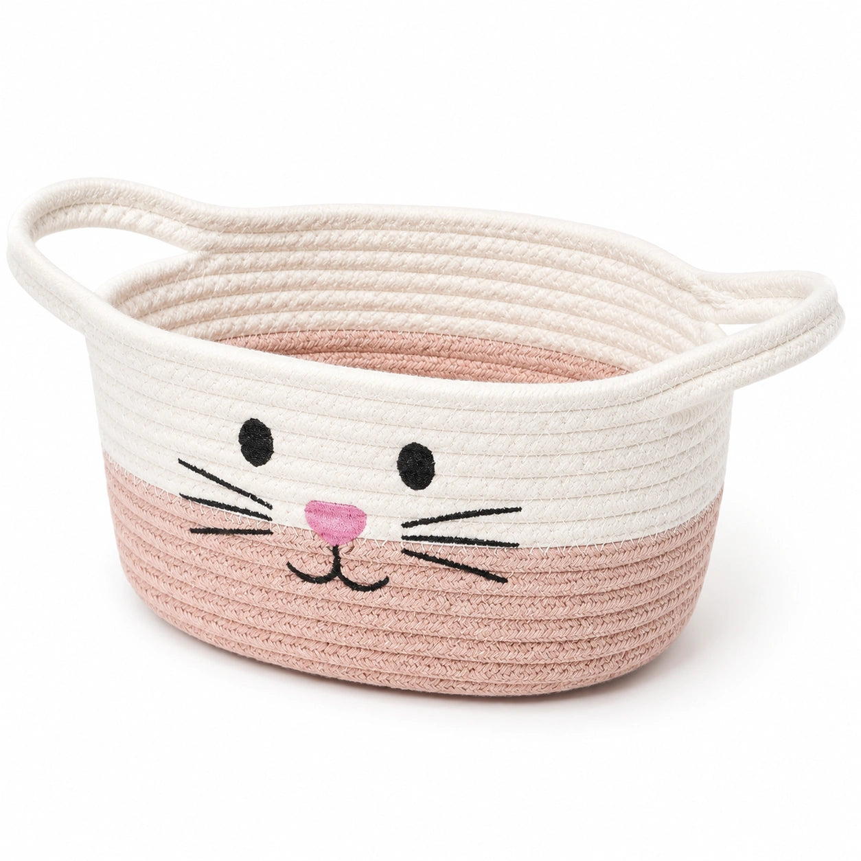 Aufbewahrungskorb 35 x 25 x 20 cm Baumwollseil Rosa Creme Katzenmotiv mit Griffen