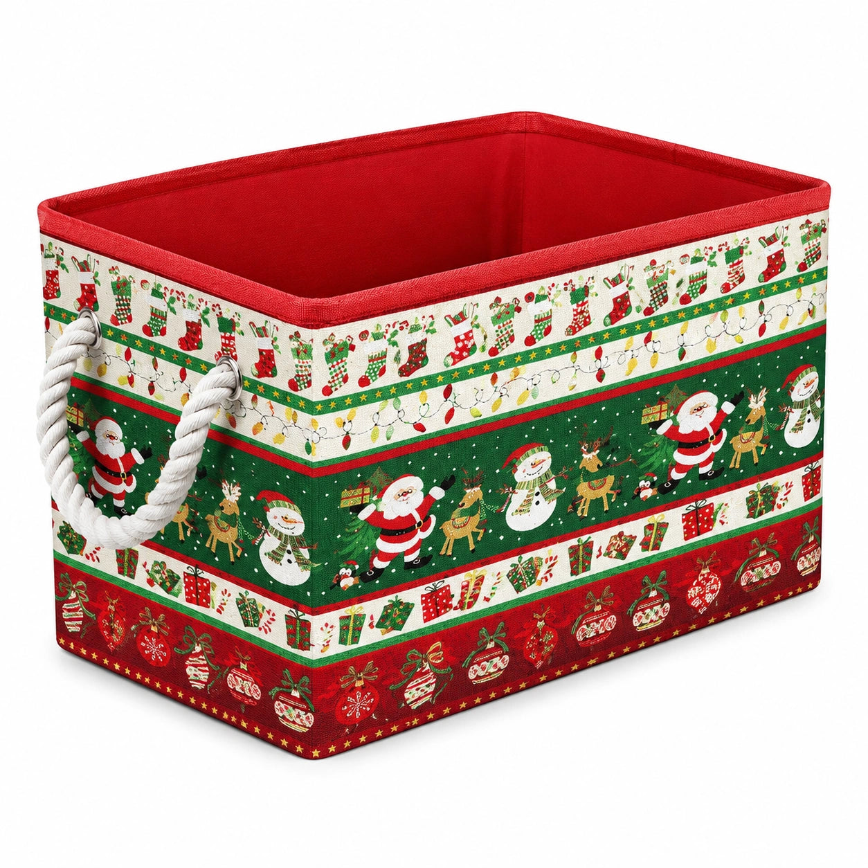 Aufbewahrungskorb 40 x 30 x 25 cm aus Textil Rot Grün mit Weihnachtsmotiv und Seilgriffen