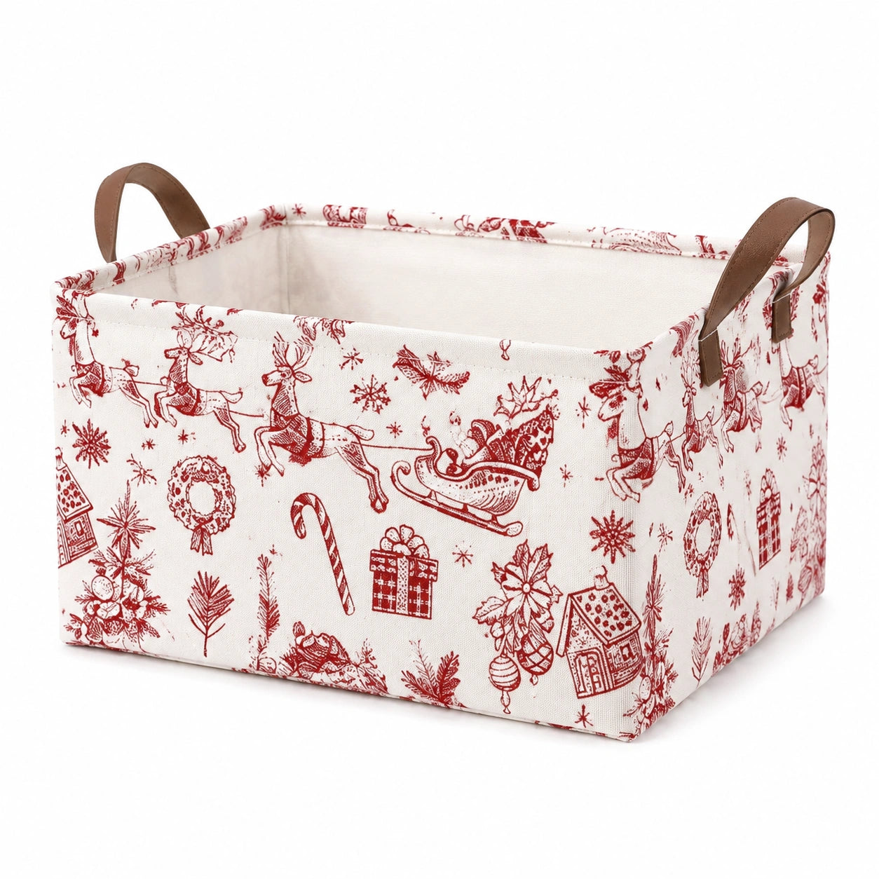 Aufbewahrungskorb 40 x 30 x 25 cm aus Stoff Weiß Rot mit Kunstledergriffen im Weihnachtsstil