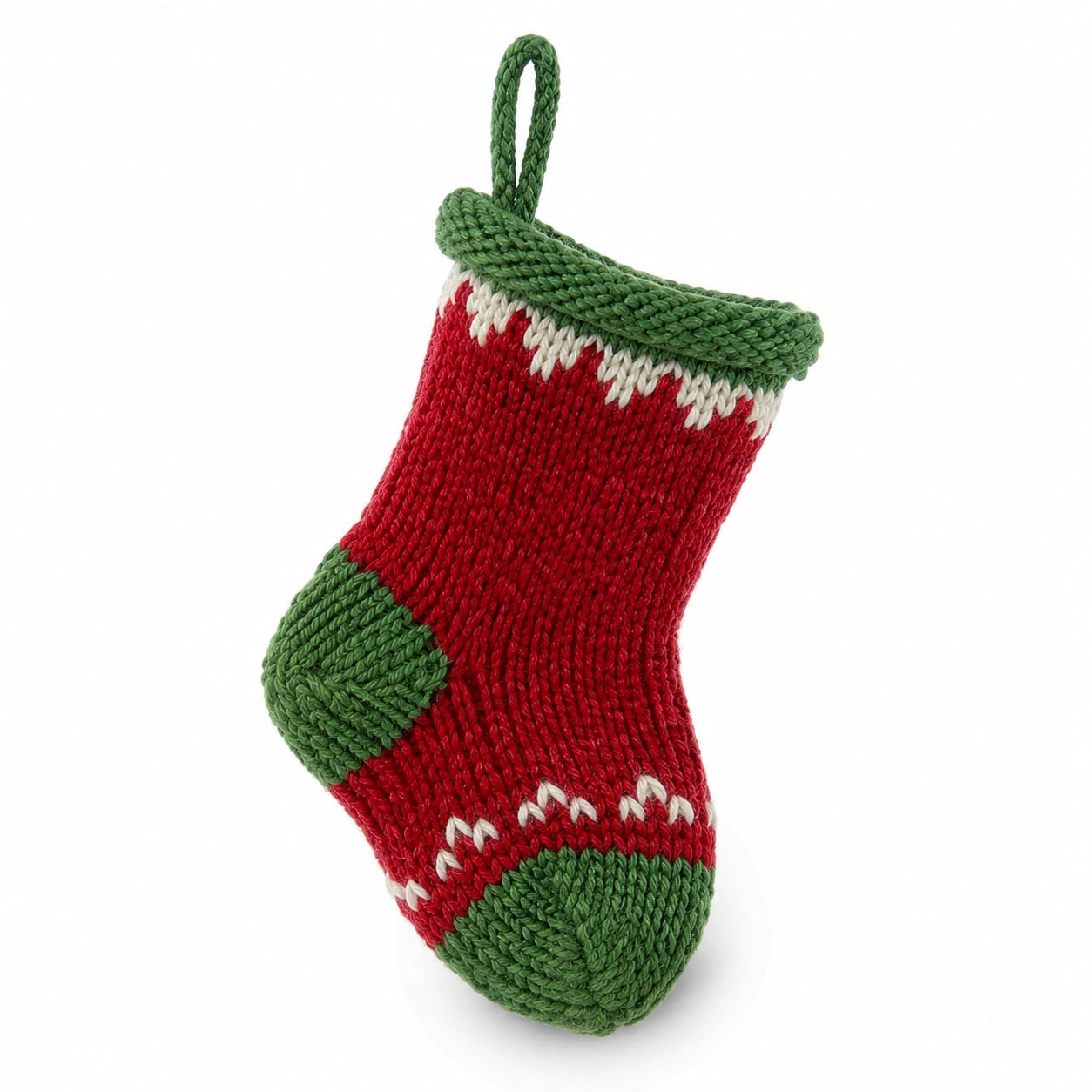 Kleiner Weihnachtsstrumpf aus Stricktextil Rot Grün Weiß zum Aufhängen