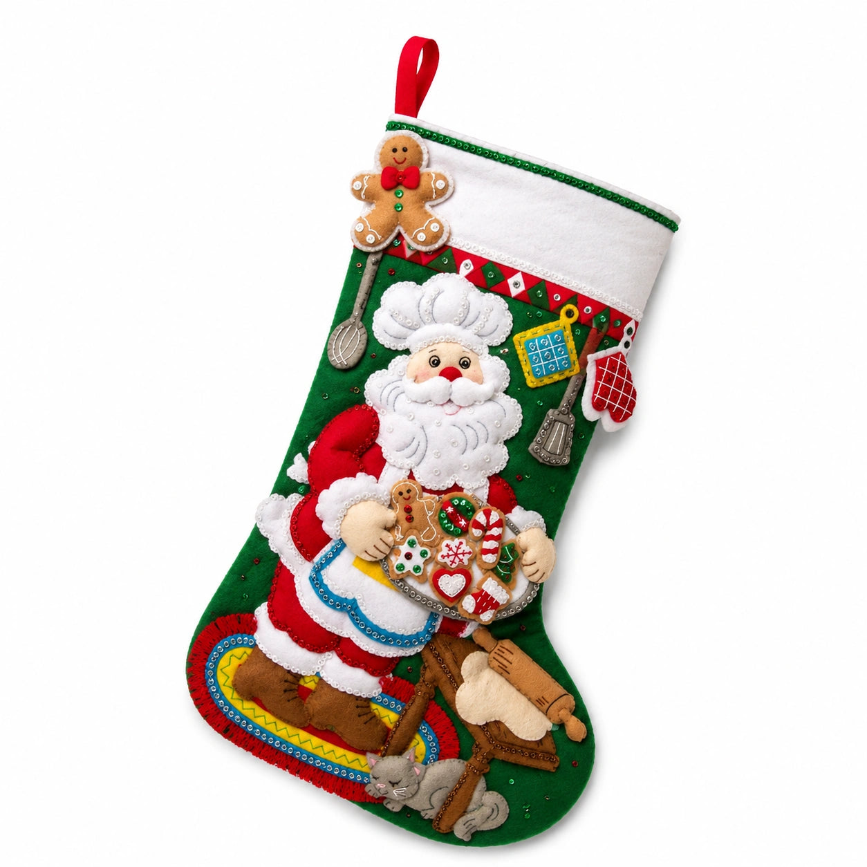 Weihnachtsstrumpf Einheitsgröße aus Filz Grün Weiß Rot zum Aufhängen mit Weihnachtsmotiv