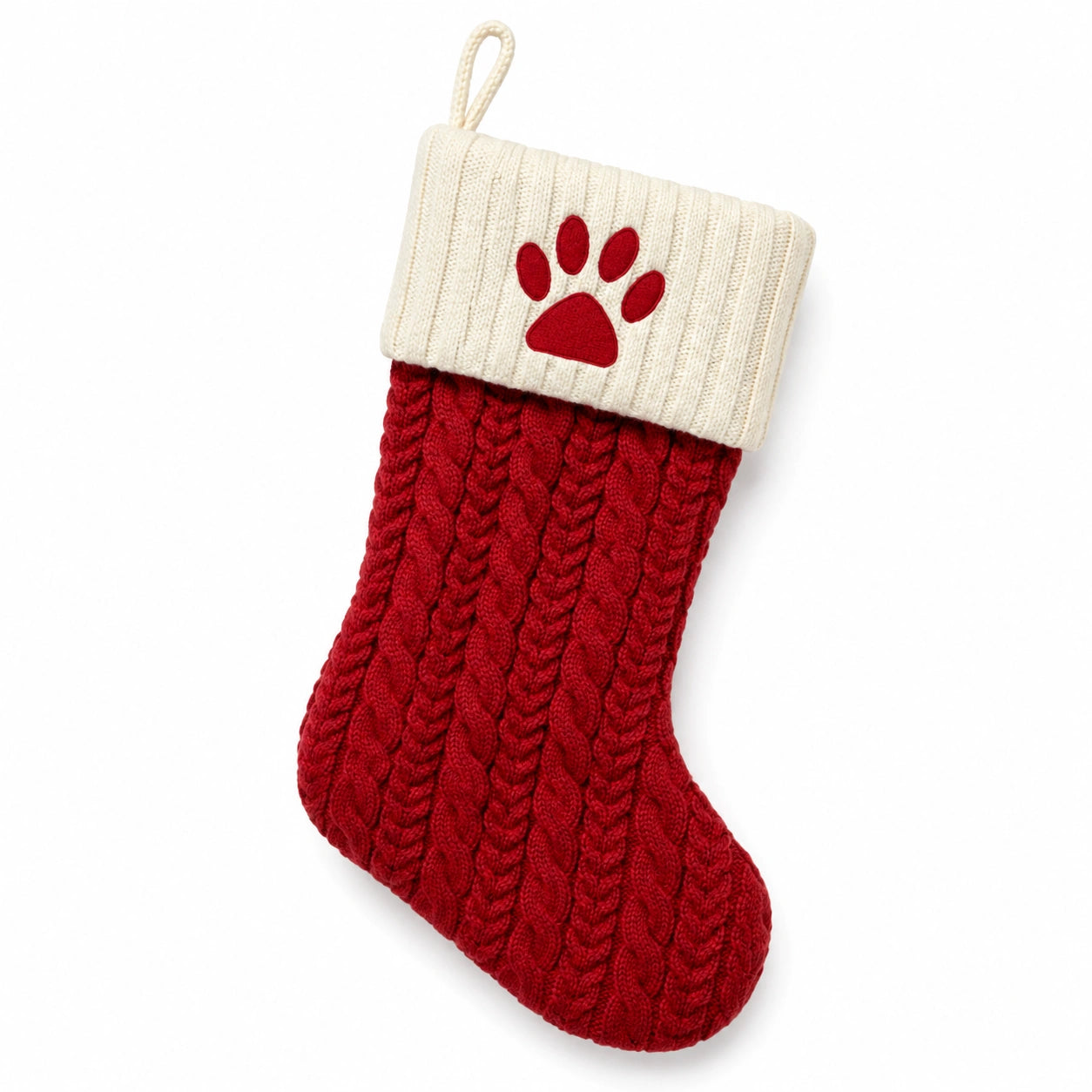 Weihnachtsstrumpf 45 cm aus Strick in Rot Creme mit Pfotenmotiv und Aufhängeschlaufe
