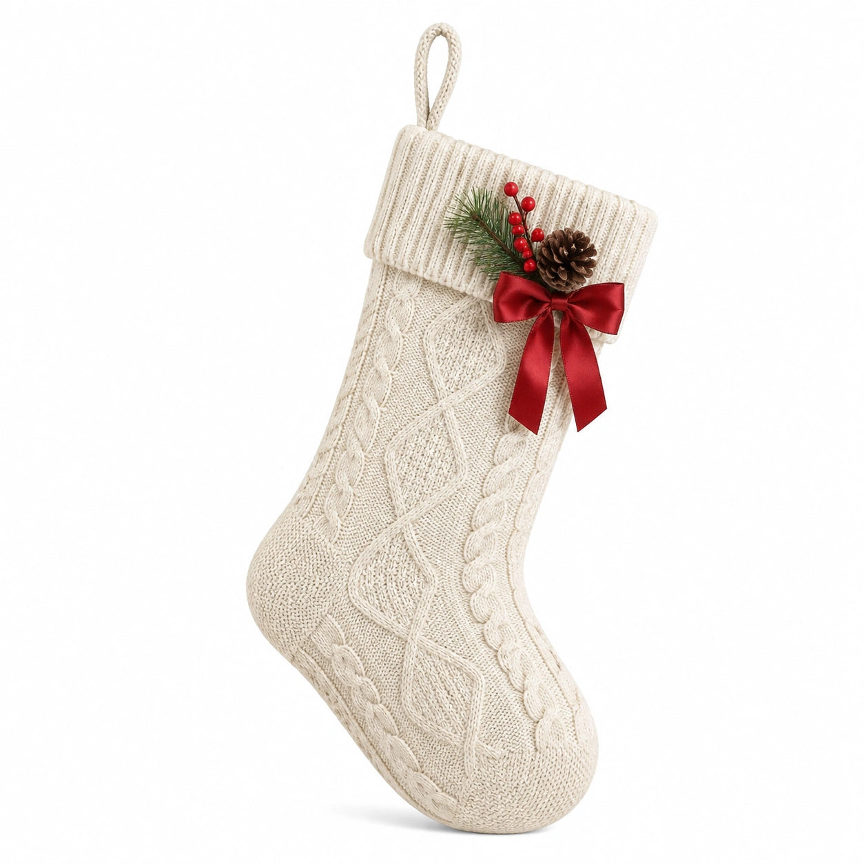 Weihnachtsstrumpf Einheitsgröße aus Strickstoff in Creme Rot mit Aufhängeschlaufe