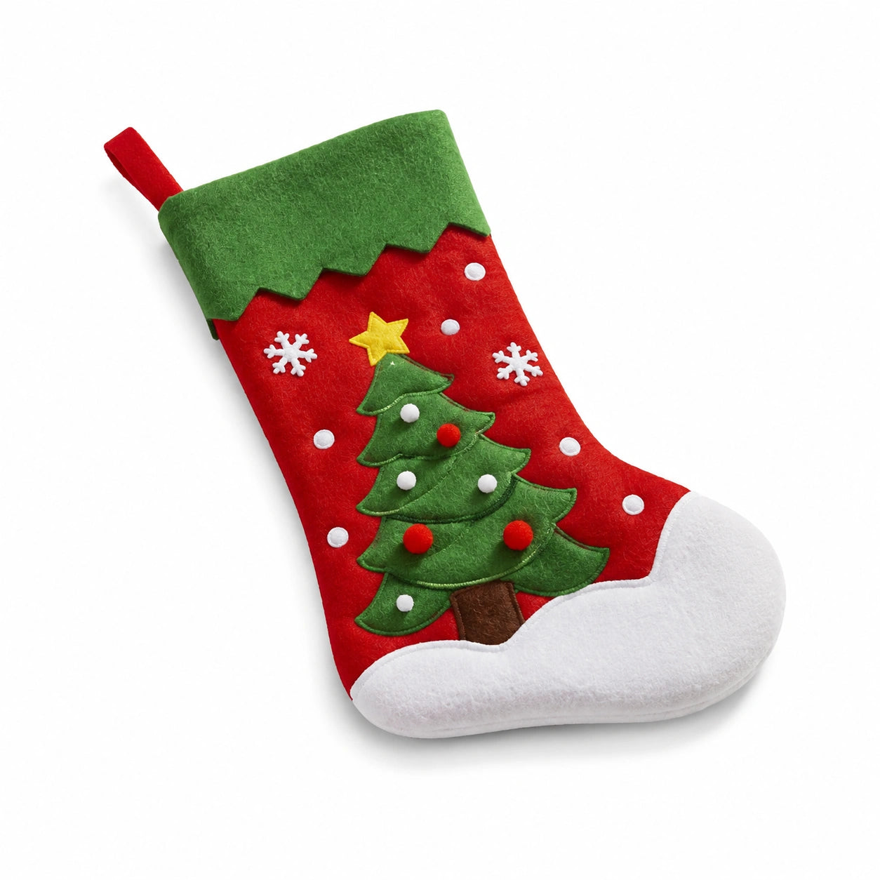 Weihnachtsstrumpf 45 cm aus Filz Rot Grün Weiß zum Aufhängen mit Tannenbaum Motiv