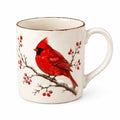 Keramiktasse 350 ml cremeweiß mit rotem Kardinalmotiv und Henkel im Landhausstil