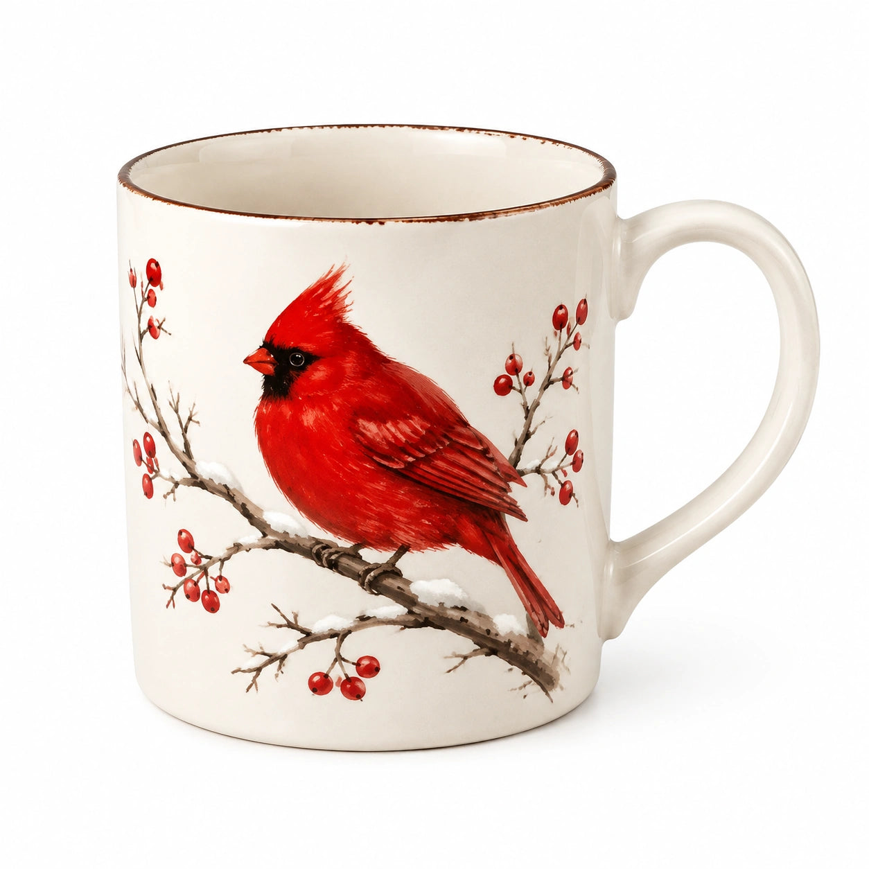 Keramiktasse 350 ml cremeweiß mit rotem Kardinalmotiv und Henkel im Landhausstil