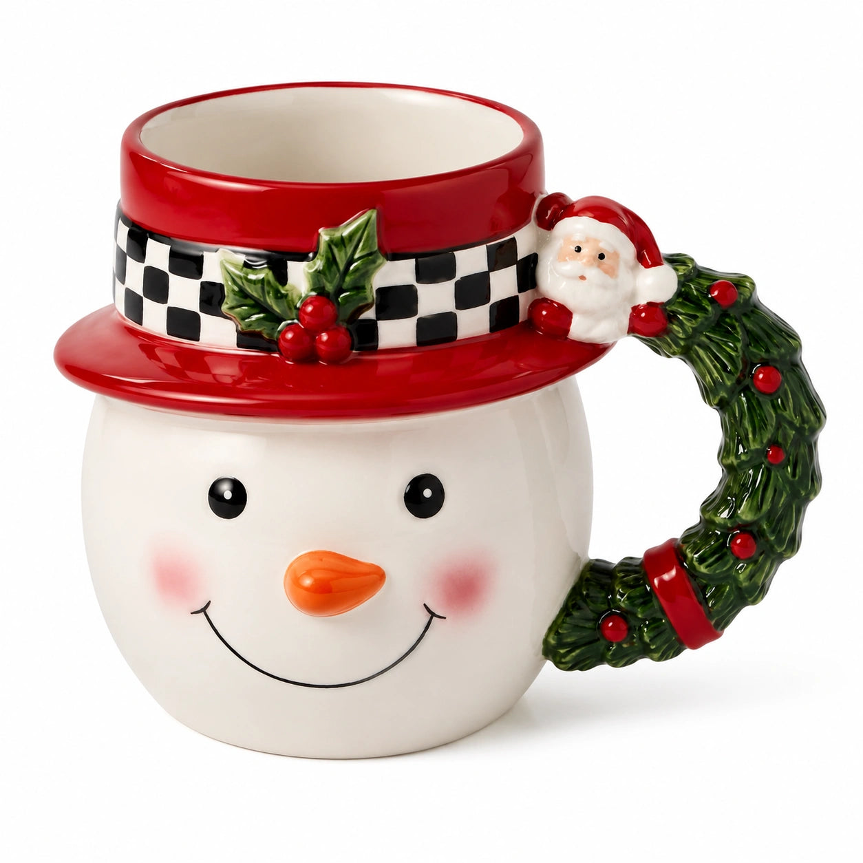 Keramiktasse 0.45 L Weiß Rot mit Schneemannmotiv winterlicher Henkelbecher