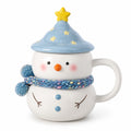Schneemann Tasse 12 cm Keramik Weiß Blau mit Deckel Wintermotiv