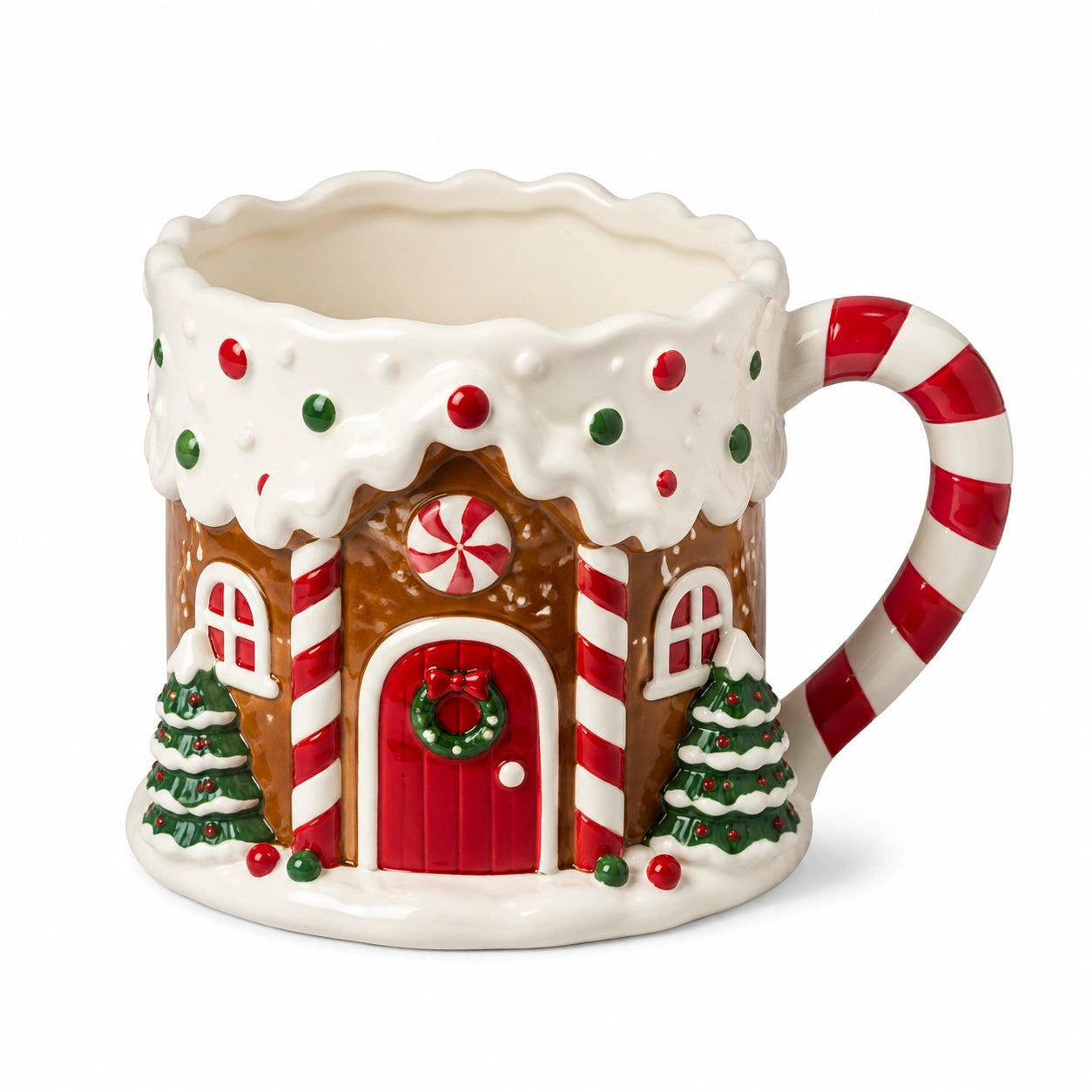 Keramiktasse 14 cm in Weiß Braun Rot Grün - Hausmotiv mit Henkel