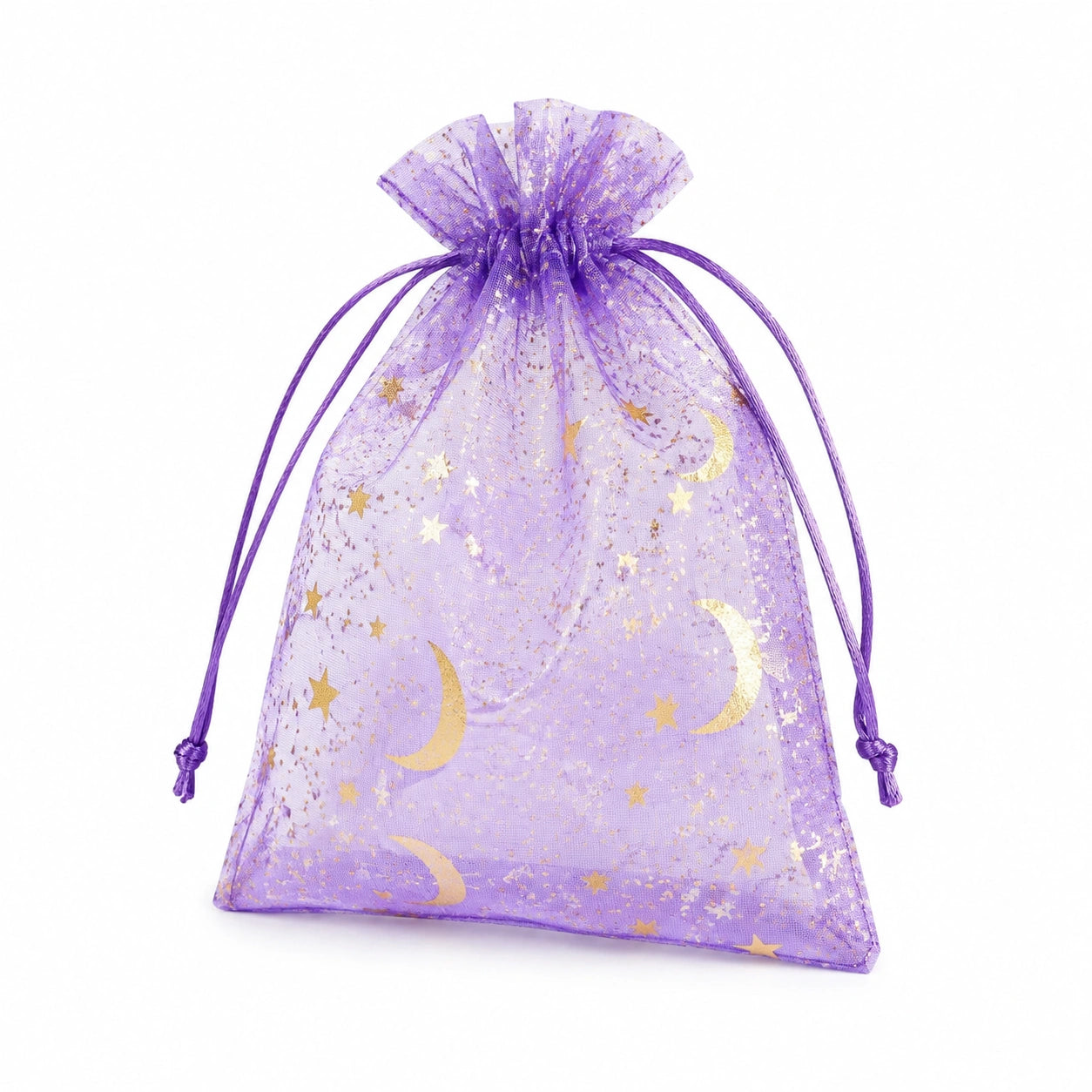 Organzabeutel 10 x 15 cm aus Polyester in Violett mit Kordelzug und Mond-Sterne-Muster