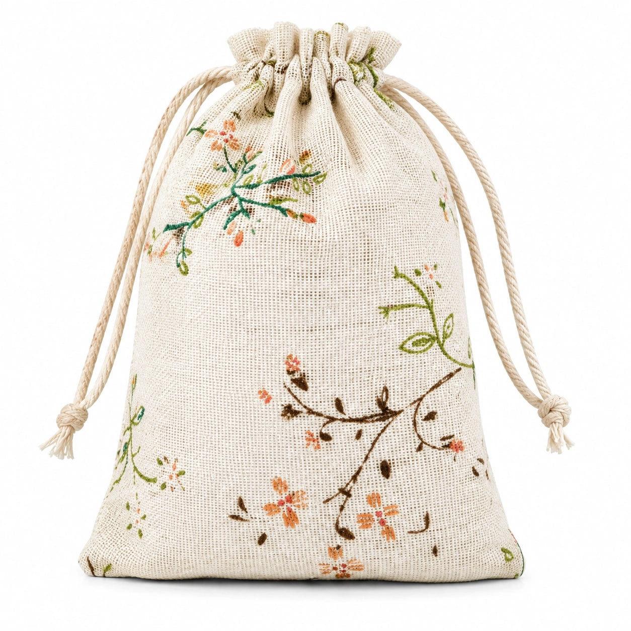 Geschenkbeutel 20 x 15 cm aus Baumwollgewebe in Creme mit Blumenmuster und Kordelzug